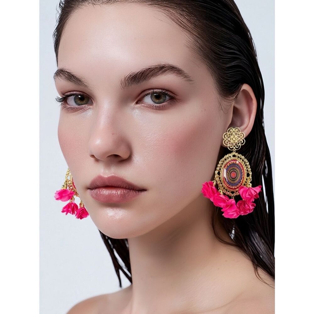 Gold Chandbali Earrings Pink Flower Jhumka Dangle Indian Bridal Statement Royal